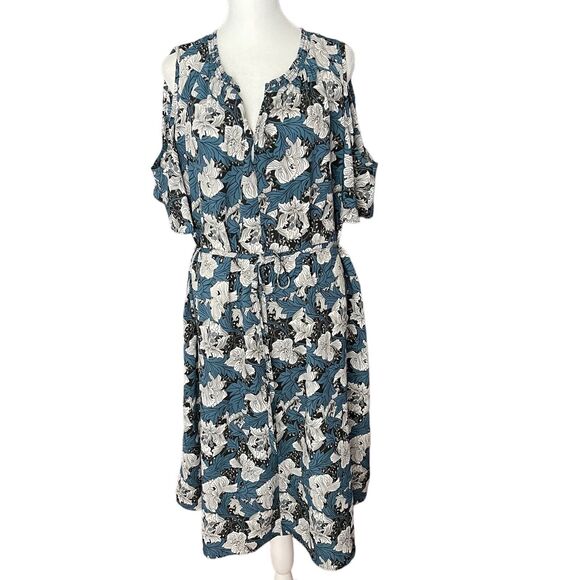 Joe Fresh Plus 1X Sheath Dress Vneck Blue Floral Belted Cold Shoulder - Picture 1 of 12